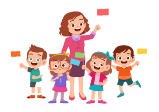 Cute happy kids and teacher hold flags | Premium Vector